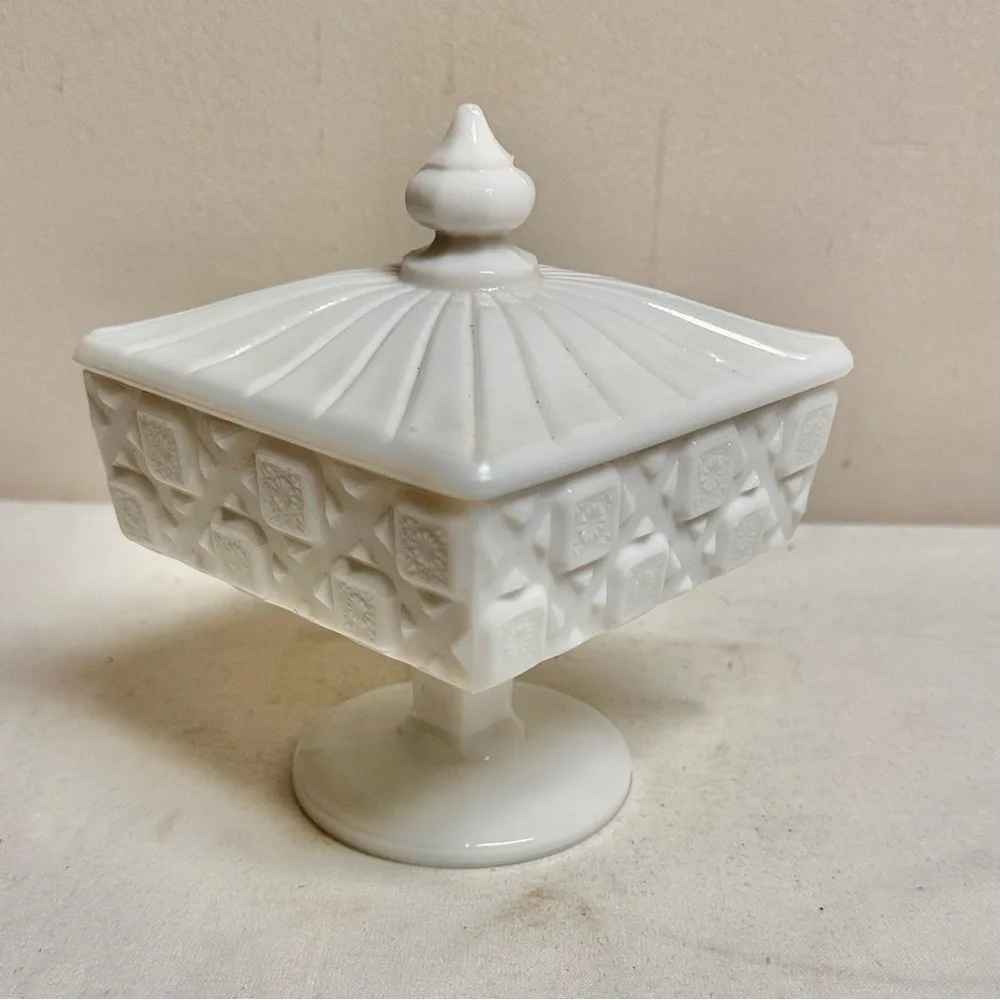 Vintage White Milk Glass Pedestal Candy Dish Diamond Quilted Westmoreland